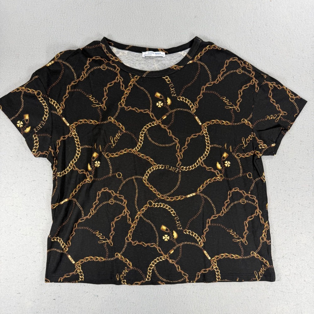 Zara Trafaluc Black Gold Chain Print Love Script T-Shirt Small Boxy Short Sleeve